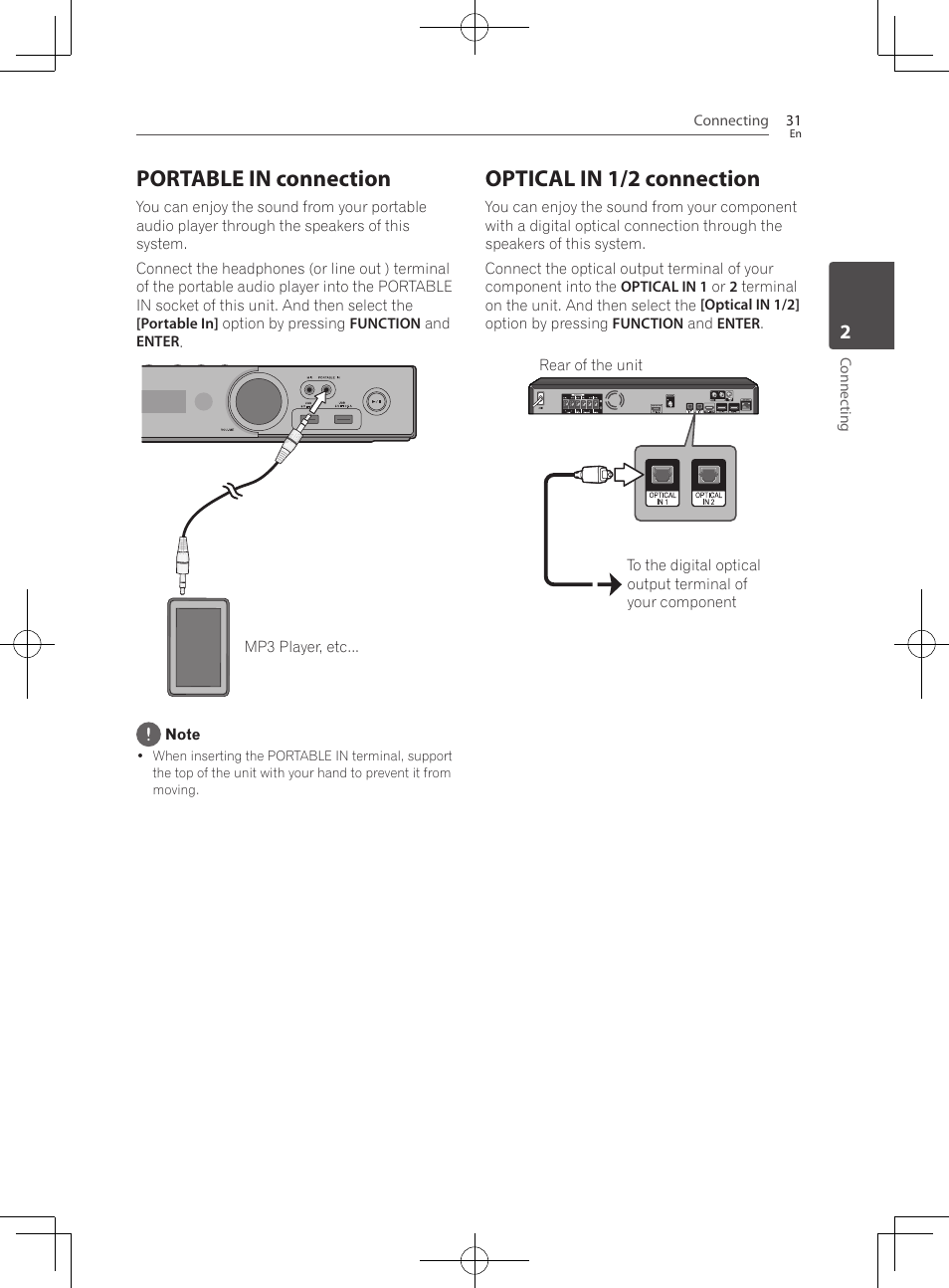 Portable in connection, Optical in 1/2 connection | Pioneer BCS-222 User Manual | Page 31 / 468