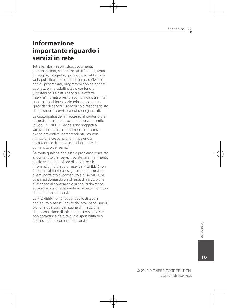 Informazione importante riguardo i servizi in rete | Pioneer BCS-222 User Manual | Page 313 / 468