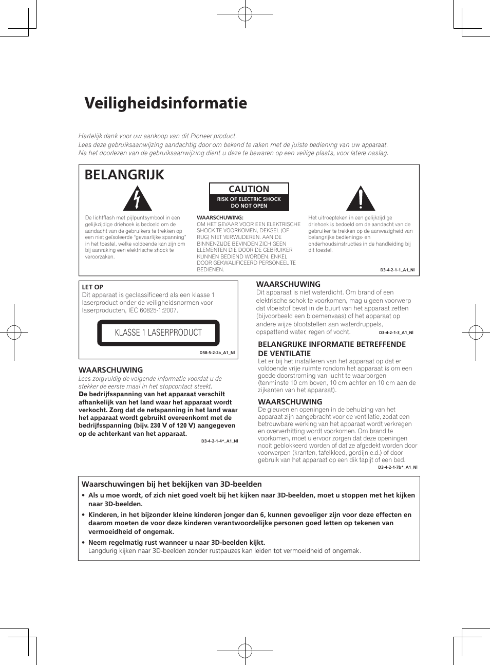Veiligheidsinformatie, Belangrijk, Caution | Klasse 1 laserproduct | Pioneer BCS-222 User Manual | Page 314 / 468