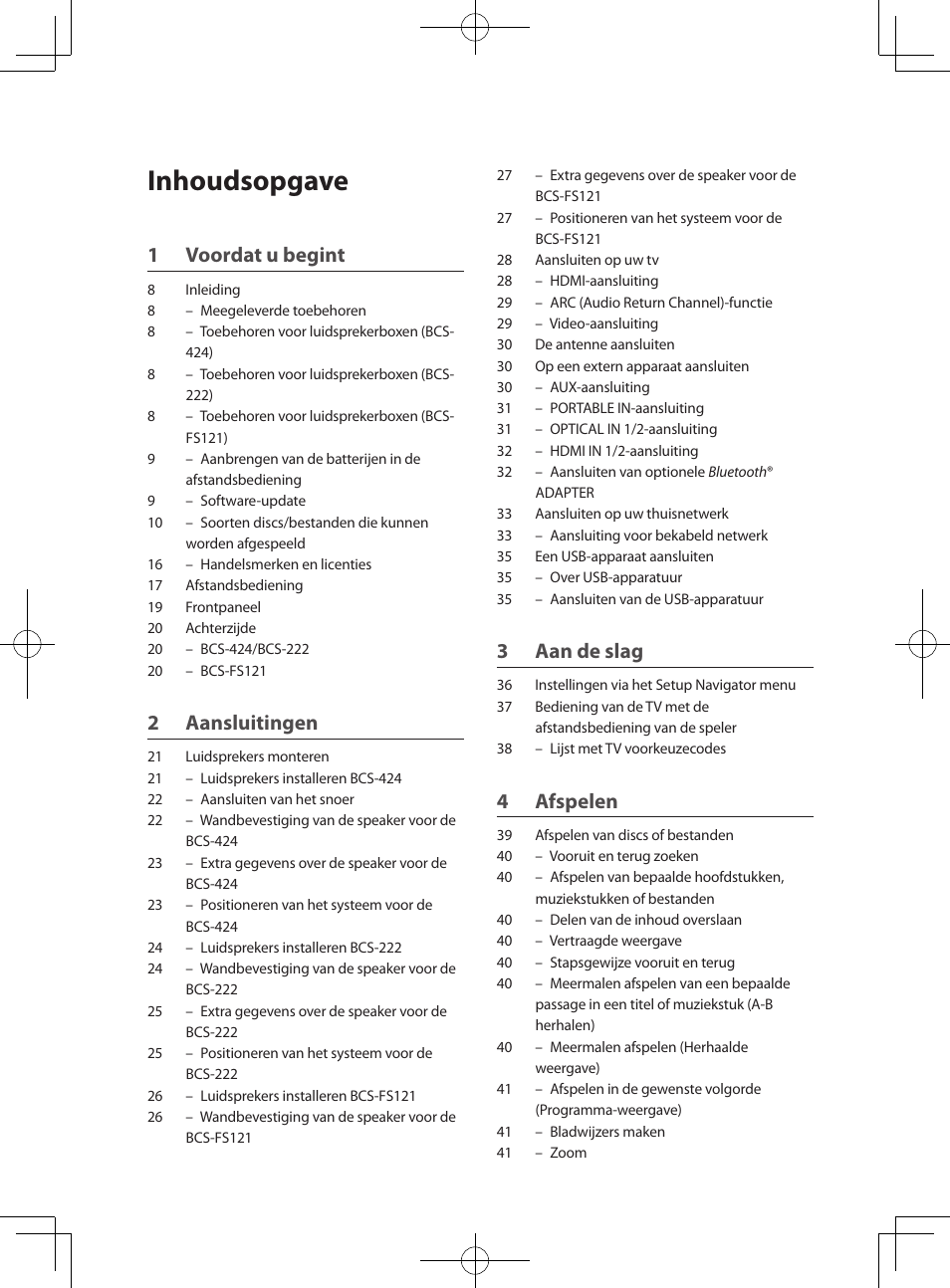 Blu-ray disc multikanaals systeem, Blu-ray disc receiver, Luidsprekersysteem | Inhoudsopgave, 1 voordat u begint, 2 aansluitingen, 3 aan de slag, 4 afspelen | Pioneer BCS-222 User Manual | Page 318 / 468