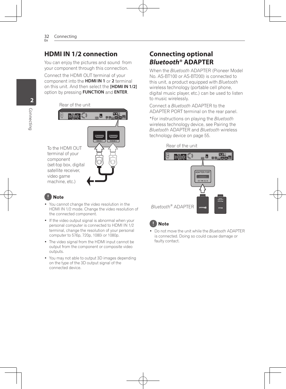 Hdmi in 1/2 connection, Connecting optional bluetooth ® adapter | Pioneer BCS-222 User Manual | Page 32 / 468