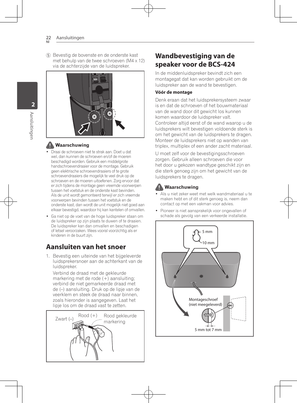 Aansluiten van het snoer, Wandbevestiging van de speaker voor de bcs-424 | Pioneer BCS-222 User Manual | Page 334 / 468