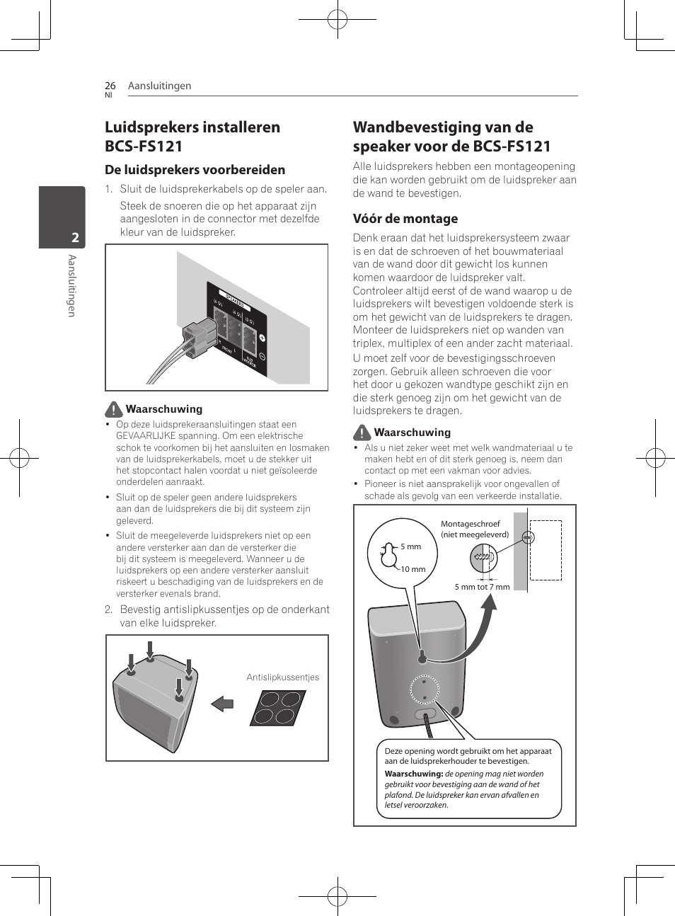 Luidsprekers installeren bcs-fs121, Wandbevestiging van de speaker voor de bcs-fs121, De luidsprekers voorbereiden | Vóór de montage | Pioneer BCS-222 User Manual | Page 338 / 468