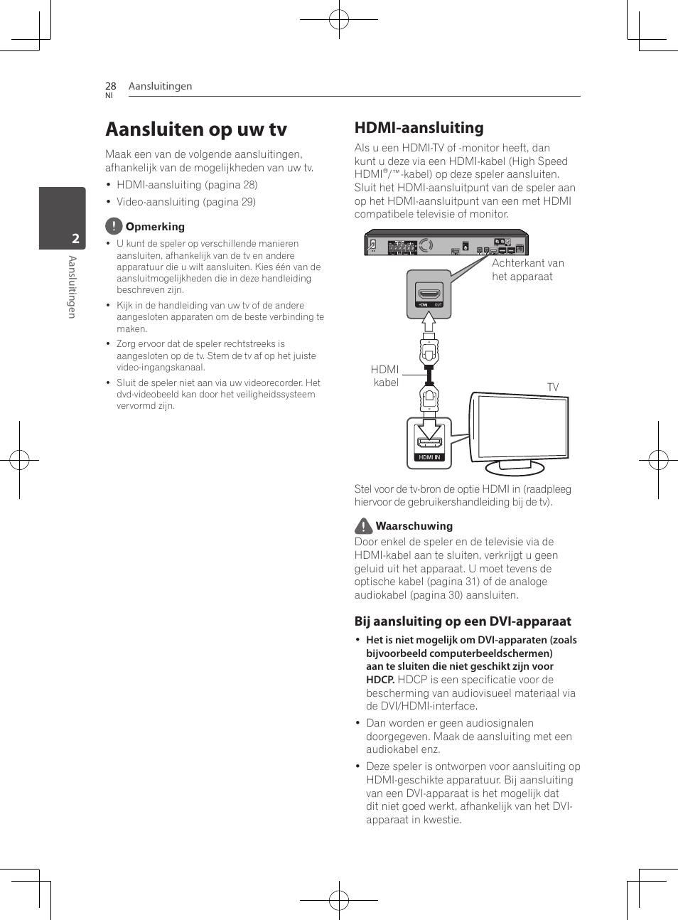 Aansluiten op uw tv, 28 – hdmi-aansluiting, Hdmi-aansluiting | Bij aansluiting op een dvi-apparaat | Pioneer BCS-222 User Manual | Page 340 / 468