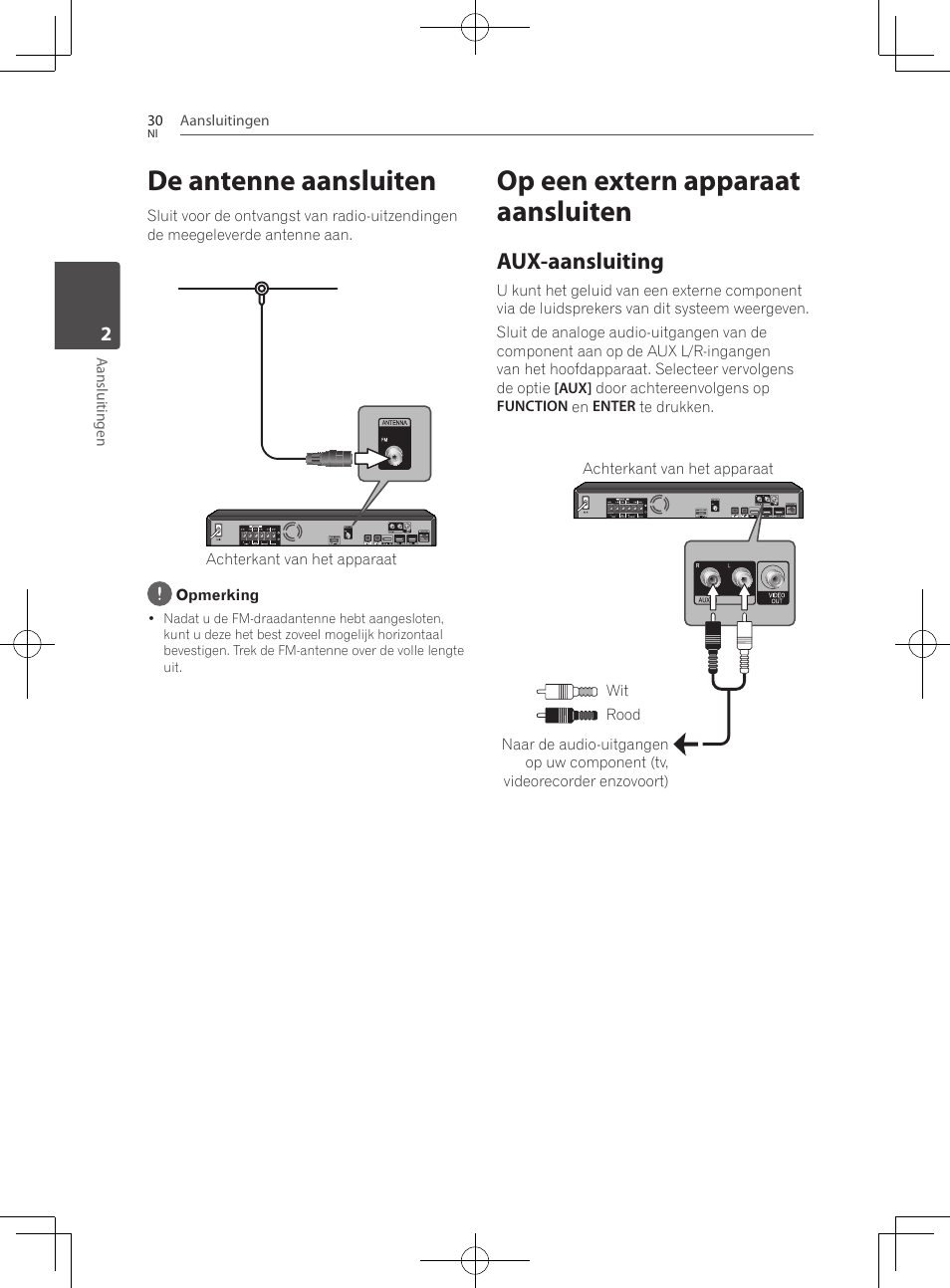 De antenne aansluiten, Op een extern apparaat aansluiten, 30 – aux-aansluiting | Aux-aansluiting | Pioneer BCS-222 User Manual | Page 342 / 468