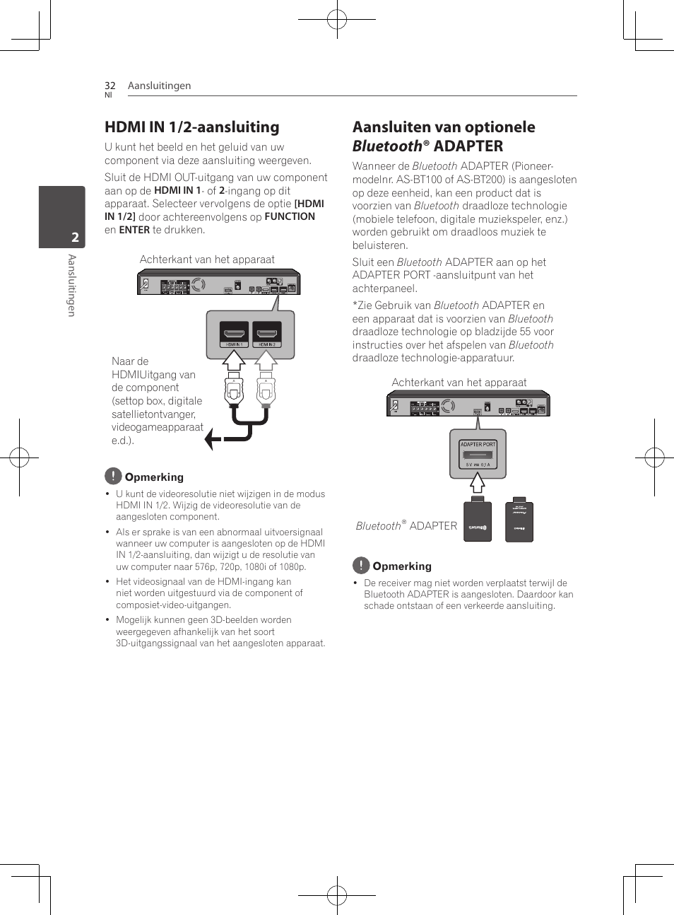 Hdmi in 1/2-aansluiting, Aansluiten van optionele bluetooth ® adapter | Pioneer BCS-222 User Manual | Page 344 / 468