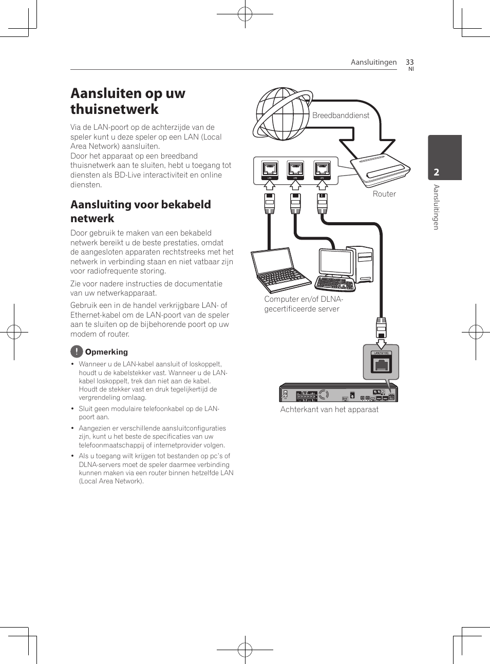 Aansluiten op uw thuisnetwerk, Aansluiting voor bekabeld netwerk | Pioneer BCS-222 User Manual | Page 345 / 468