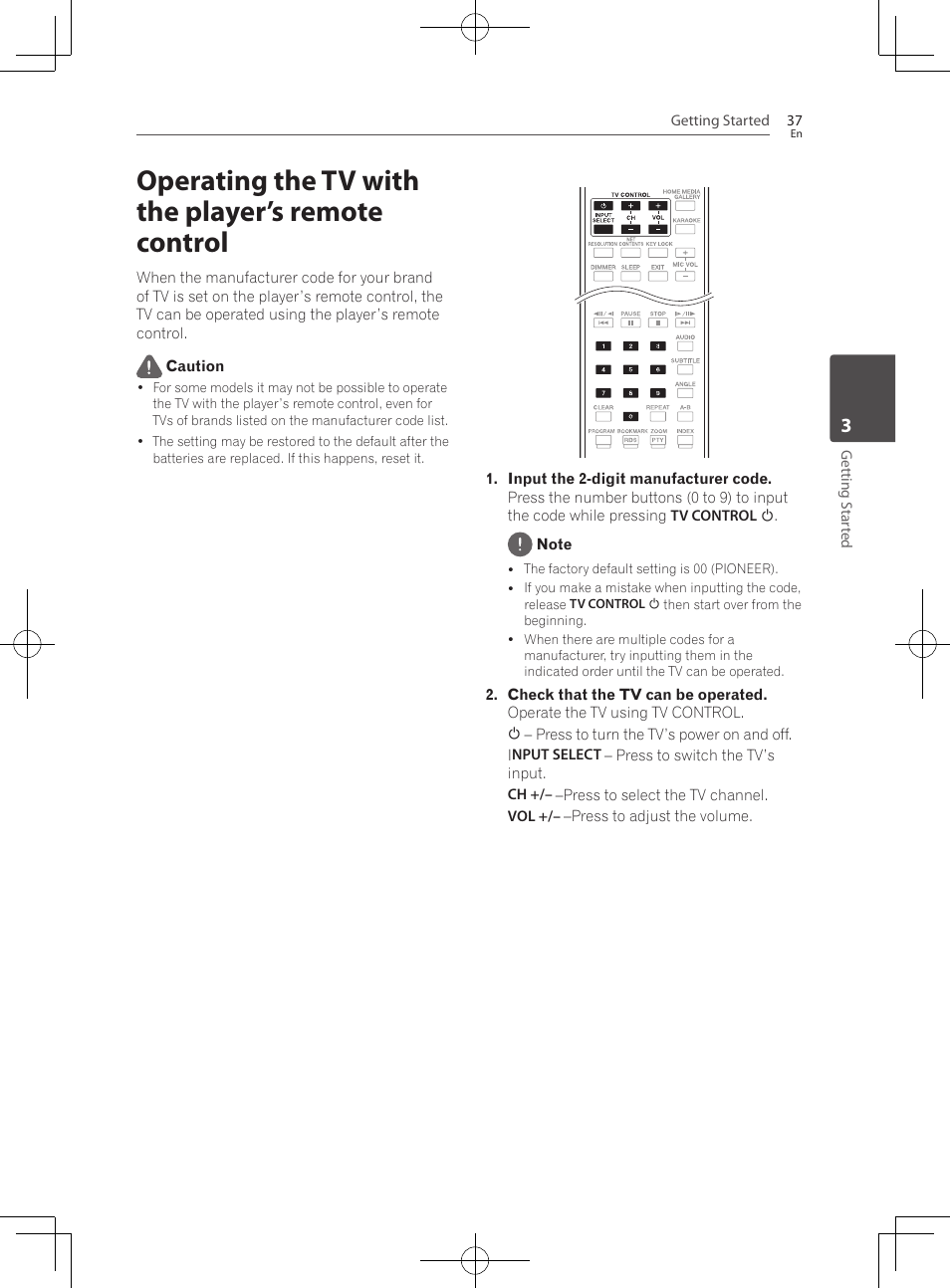 Operating the tv with the player’s remote control | Pioneer BCS-222 User Manual | Page 37 / 468