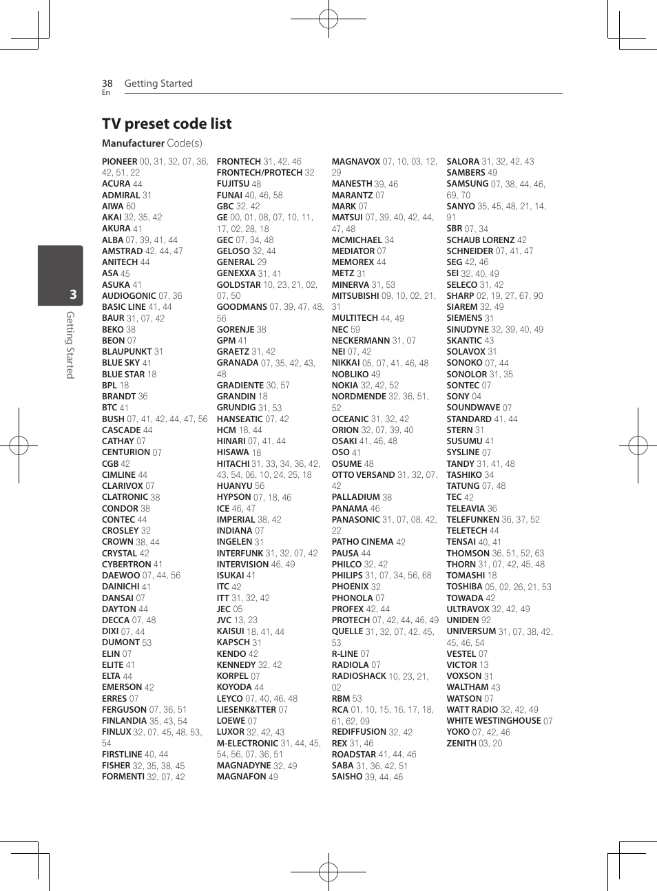 Tv preset code list | Pioneer BCS-222 User Manual | Page 38 / 468
