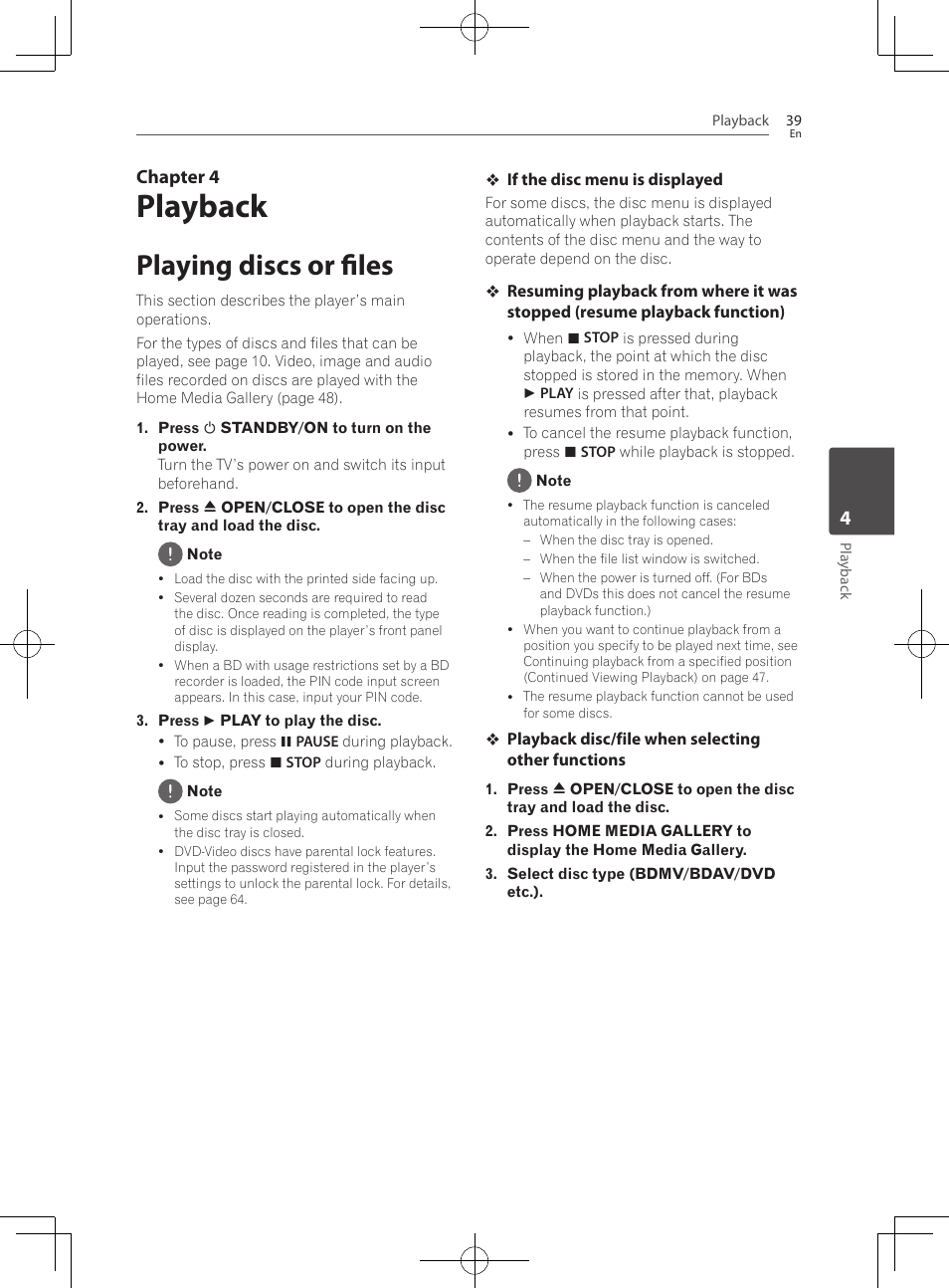 Playing discs or files, Playback, Chapter 4 | Pioneer BCS-222 User Manual | Page 39 / 468