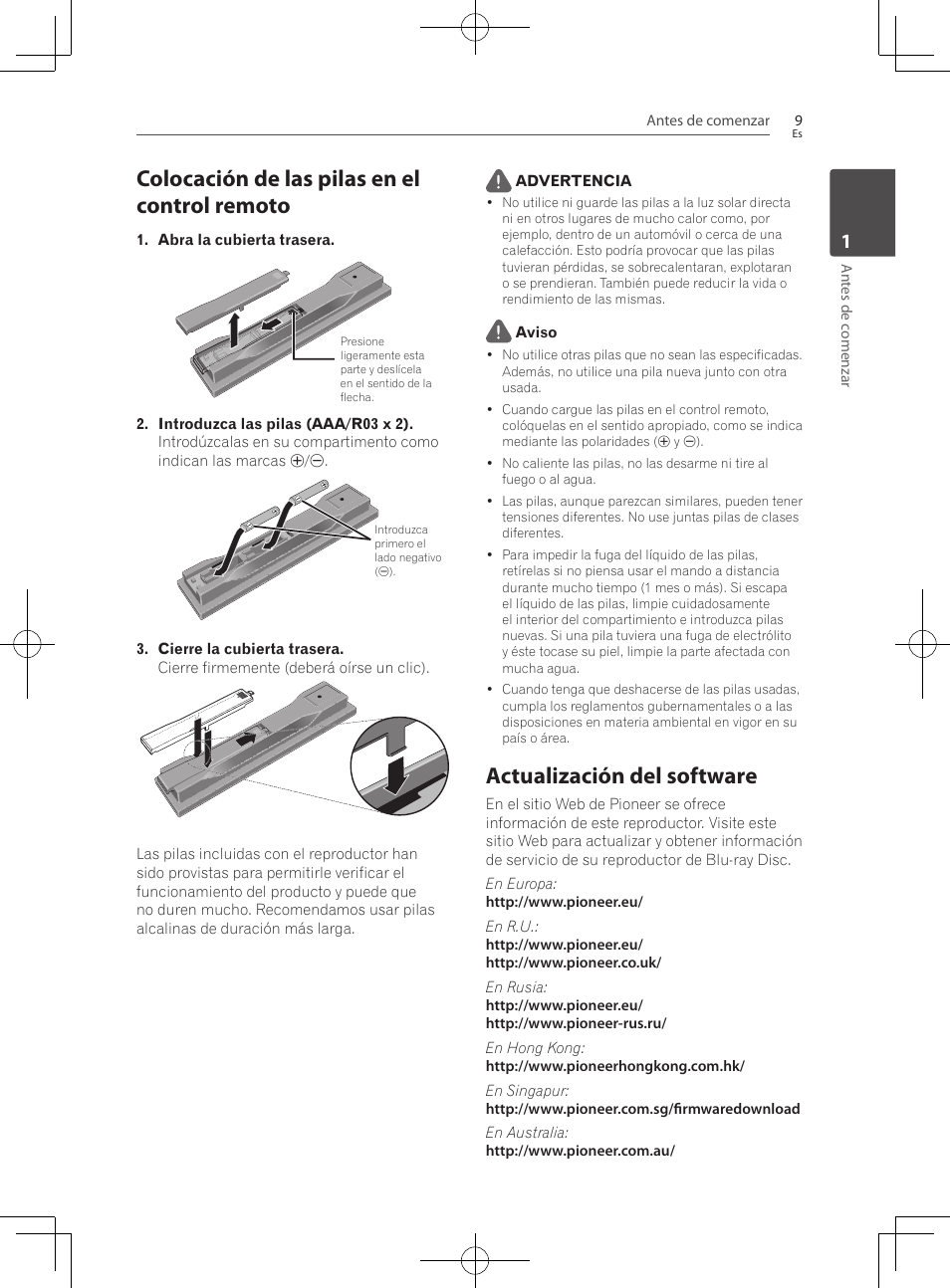 Colocación de las pilas en el control remoto, Actualización del software | Pioneer BCS-222 User Manual | Page 397 / 468