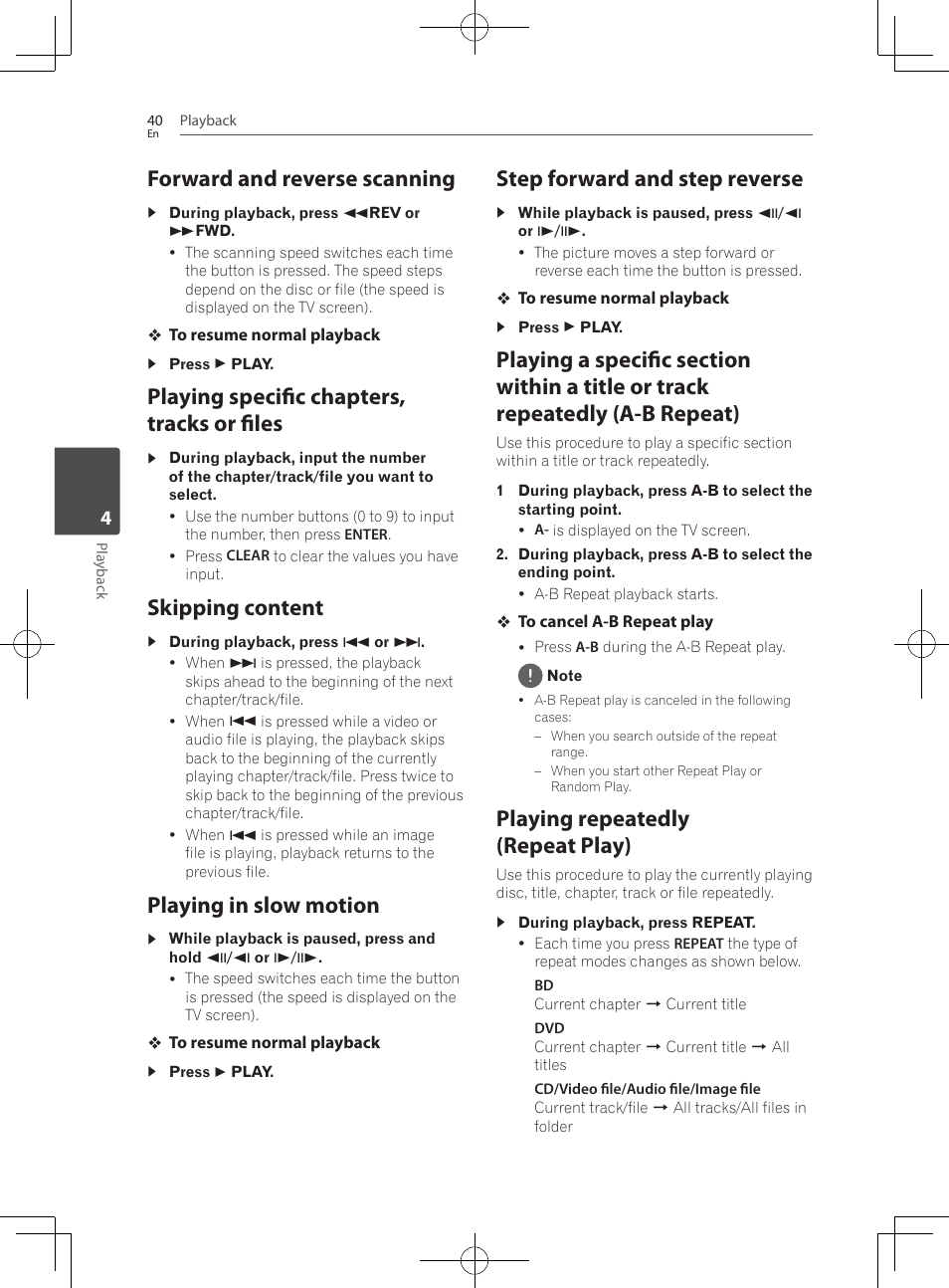 Forward and reverse scanning, Playing specific chapters, tracks or files, Skipping content | Playing in slow motion, Step forward and step reverse, Playing repeatedly (repeat play) | Pioneer BCS-222 User Manual | Page 40 / 468