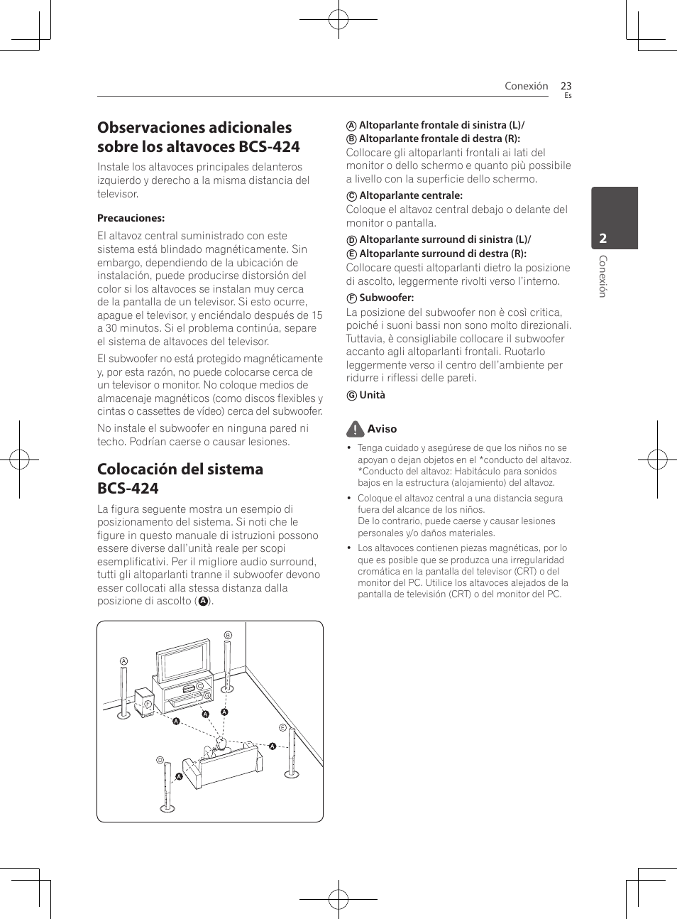 Colocación del sistema bcs-424, Conexión 23, Cone xión | Altoparlante frontale di sinistra (l), Altoparlante surround di sinistra (l), Unità aviso | Pioneer BCS-222 User Manual | Page 411 / 468