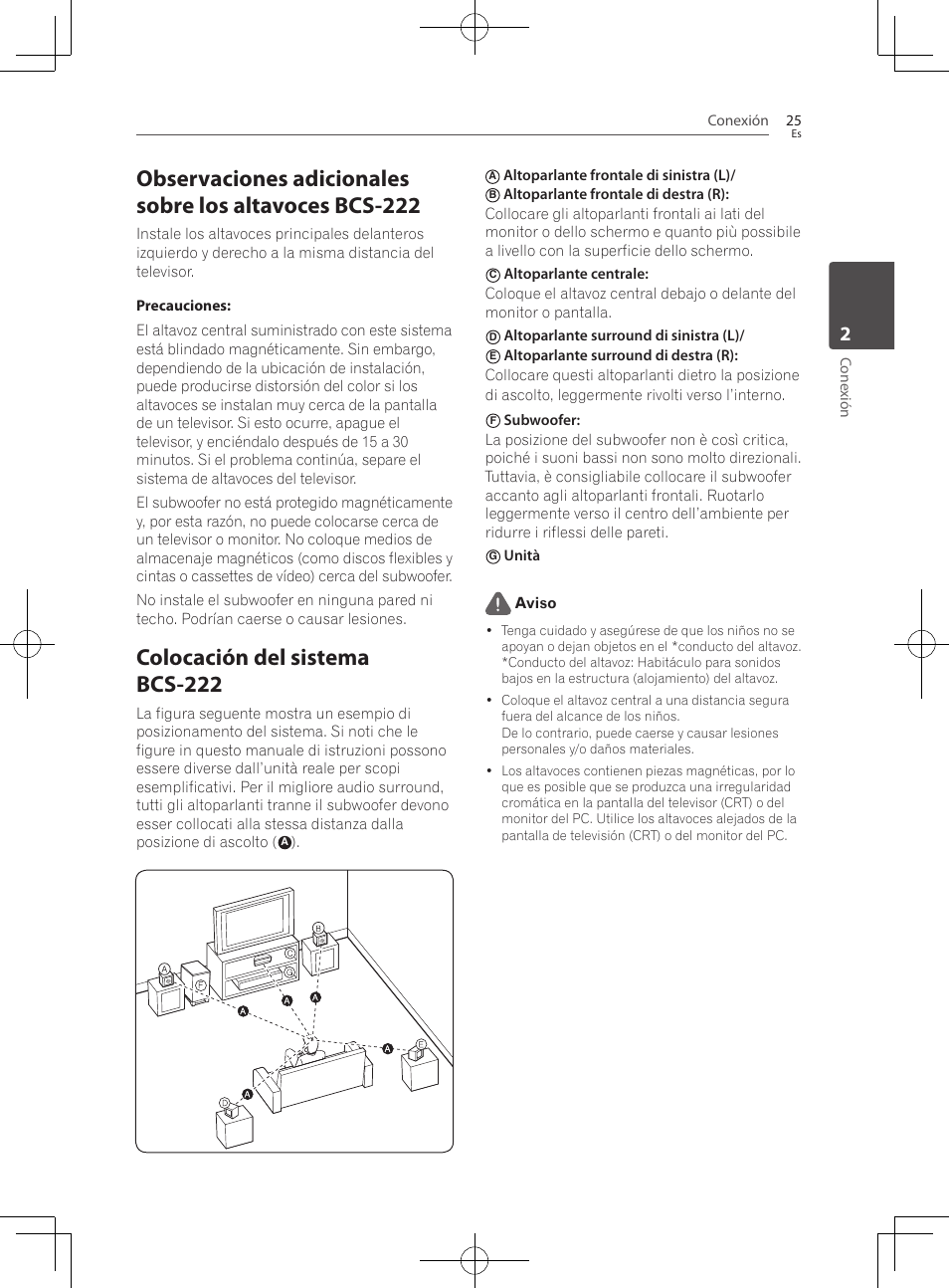 Colocación del sistema bcs-222, Conexión 25, Cone xión | Altoparlante frontale di sinistra (l), Altoparlante surround di sinistra (l), Unità aviso | Pioneer BCS-222 User Manual | Page 413 / 468