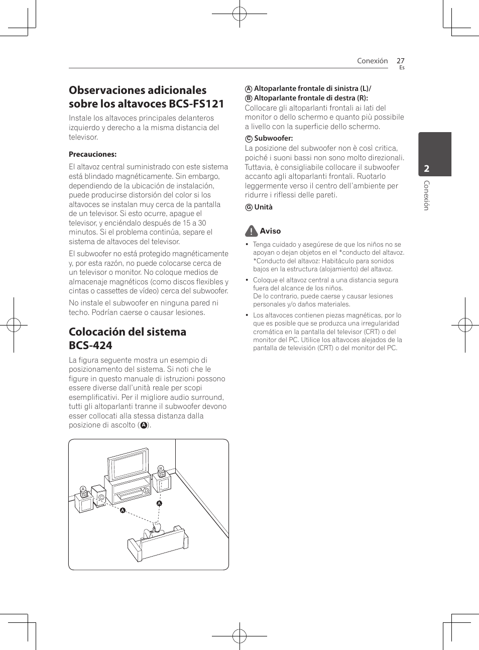 Colocación del sistema bcs-424, Conexión 27, Cone xión | Altoparlante frontale di sinistra (l), Unità aviso | Pioneer BCS-222 User Manual | Page 415 / 468