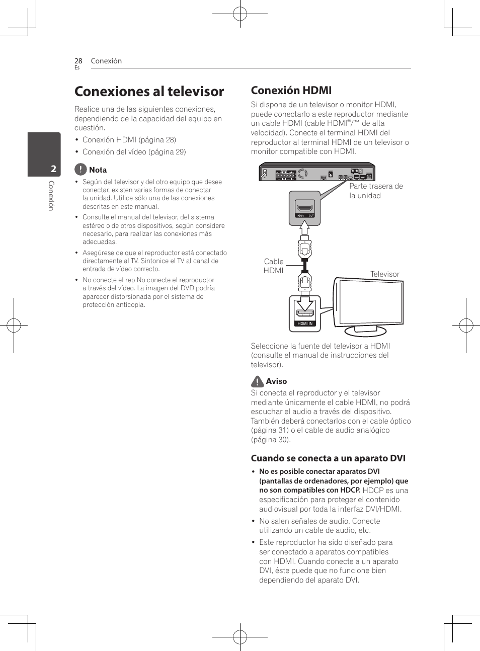 Conexiones al televisor, Conexión hdmi, Cuando se conecta a un aparato dvi | Pioneer BCS-222 User Manual | Page 416 / 468
