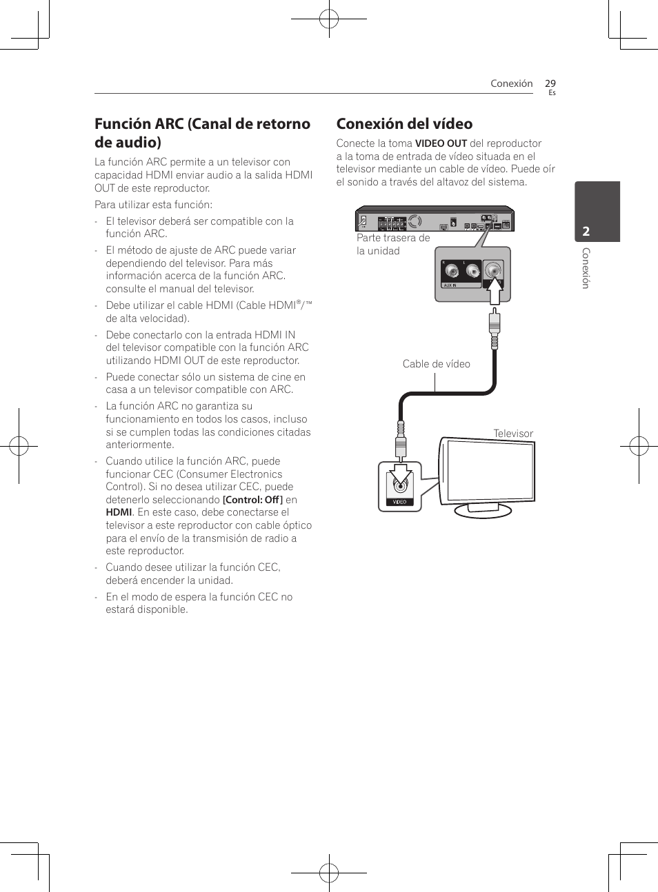 Función arc (canal de retorno de audio), Conexión del vídeo | Pioneer BCS-222 User Manual | Page 417 / 468