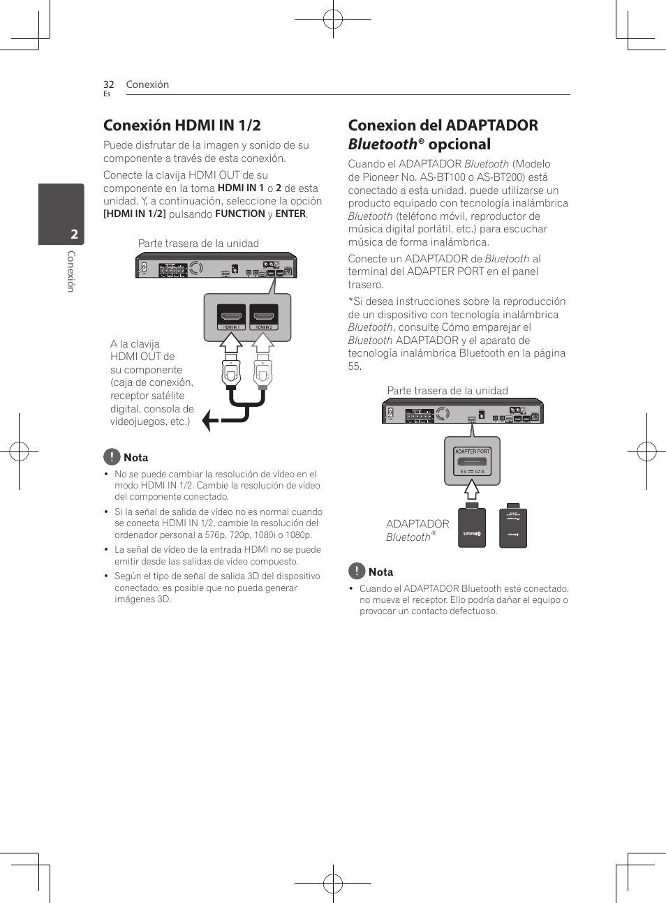 Conexión hdmi in 1/2, Conexion del adaptador bluetooth ® opcional | Pioneer BCS-222 User Manual | Page 420 / 468