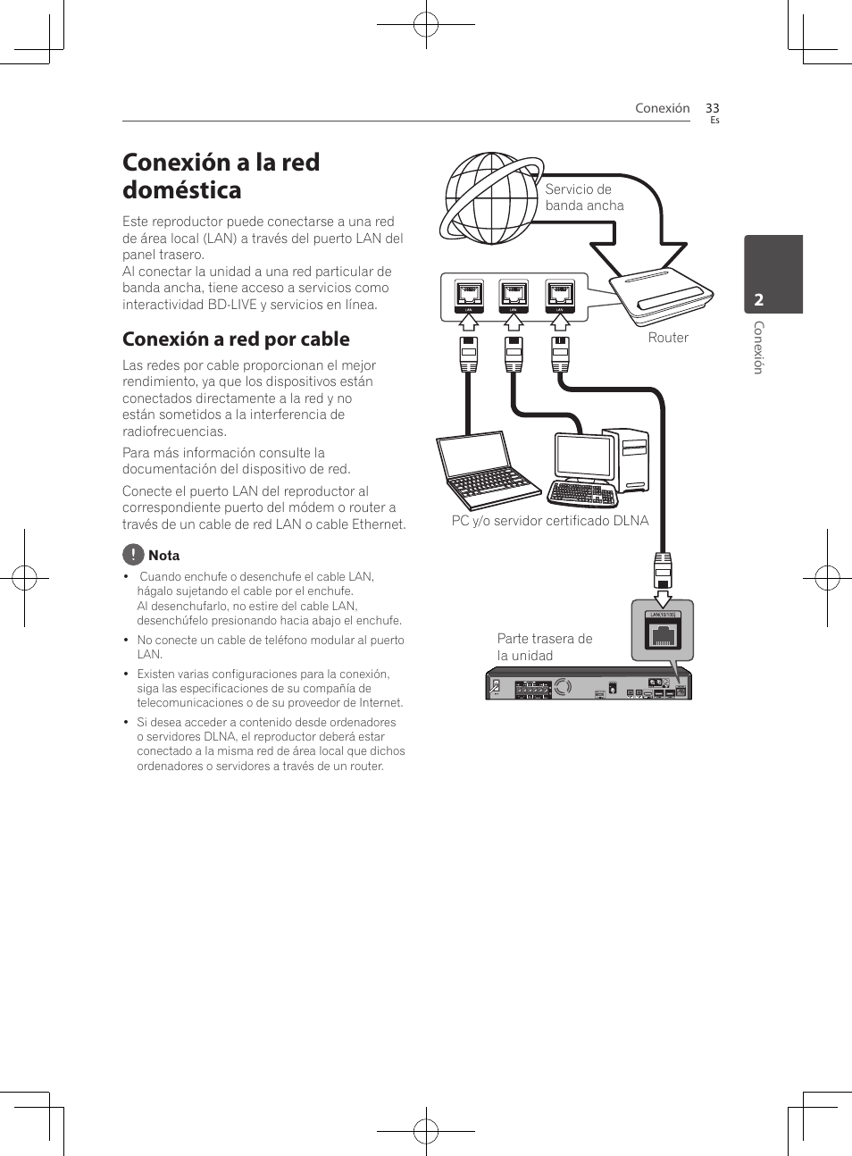 Conexión a la red doméstica, Conexión a red por cable | Pioneer BCS-222 User Manual | Page 421 / 468