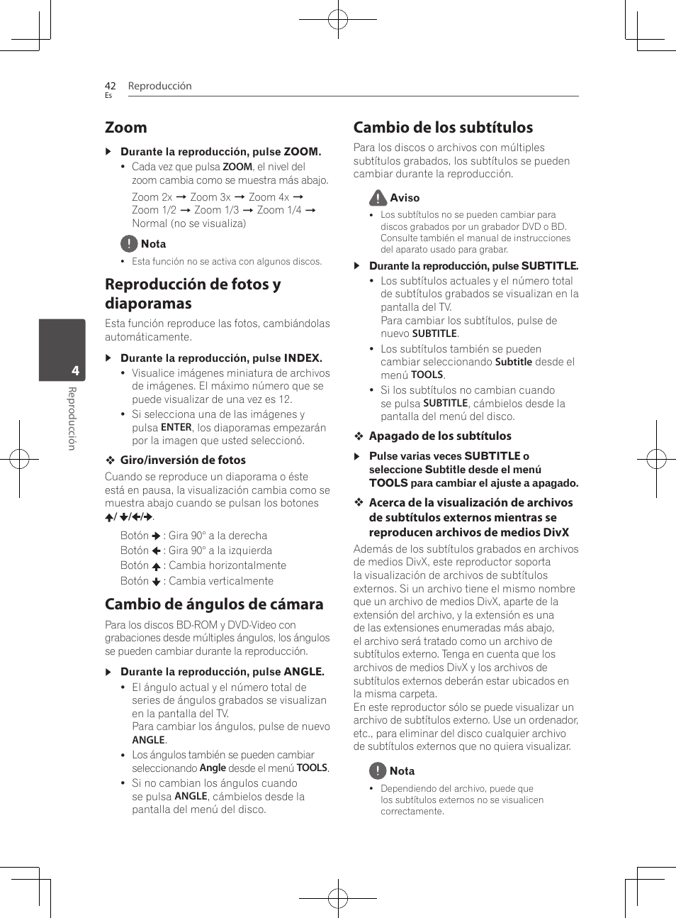 42 – zoom 42, Reproducción de fotos y diaporamas, Cambio de ángulos de cámara | Cambio de los subtítulos, Zoom | Pioneer BCS-222 User Manual | Page 430 / 468