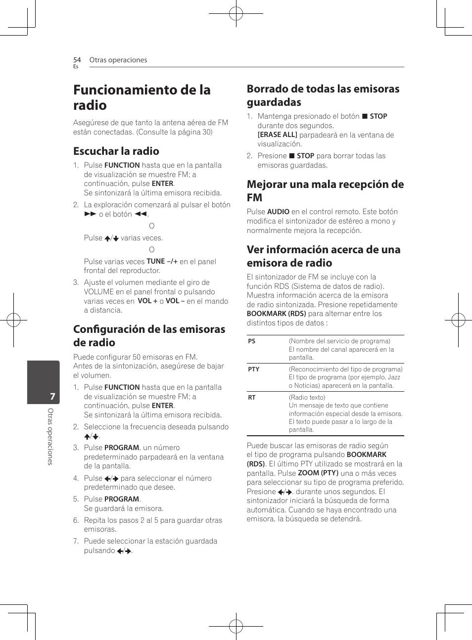 Funcionamiento de la radio, Escuchar la radio, Configuración de las emisoras de radio | Borrado de todas las emisoras guardadas, Mejorar una mala recepción de fm, Ver información acerca de una emisora de radio | Pioneer BCS-222 User Manual | Page 442 / 468