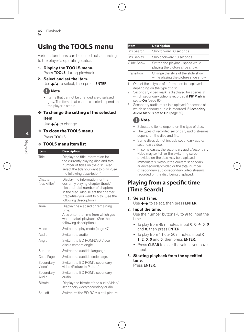 Using the tools menu, Playing from a specific time (time search) | Pioneer BCS-222 User Manual | Page 46 / 468