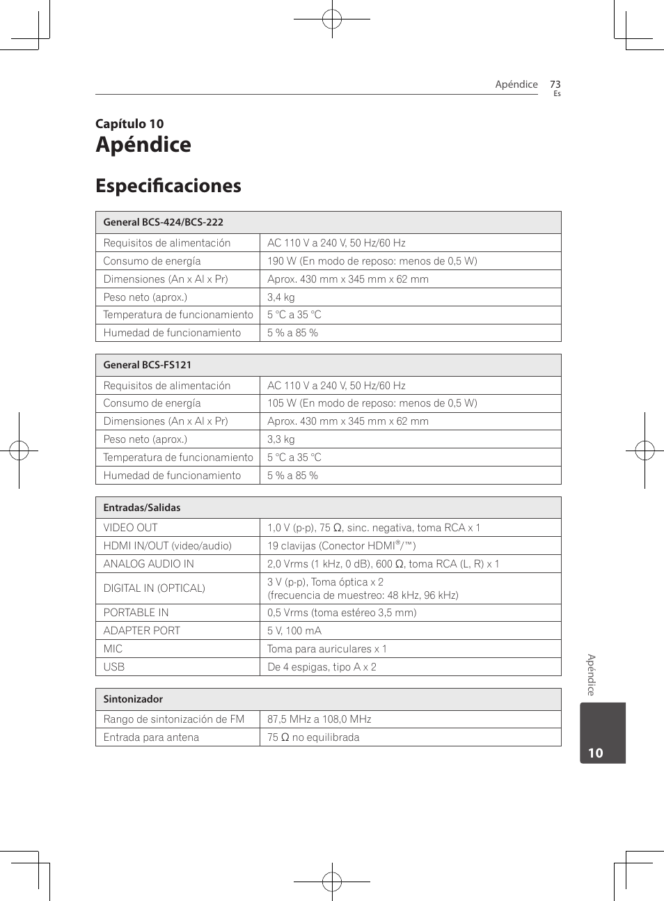 73 especificaciones, Apéndice, Especificaciones | Capítulo 10 | Pioneer BCS-222 User Manual | Page 461 / 468
