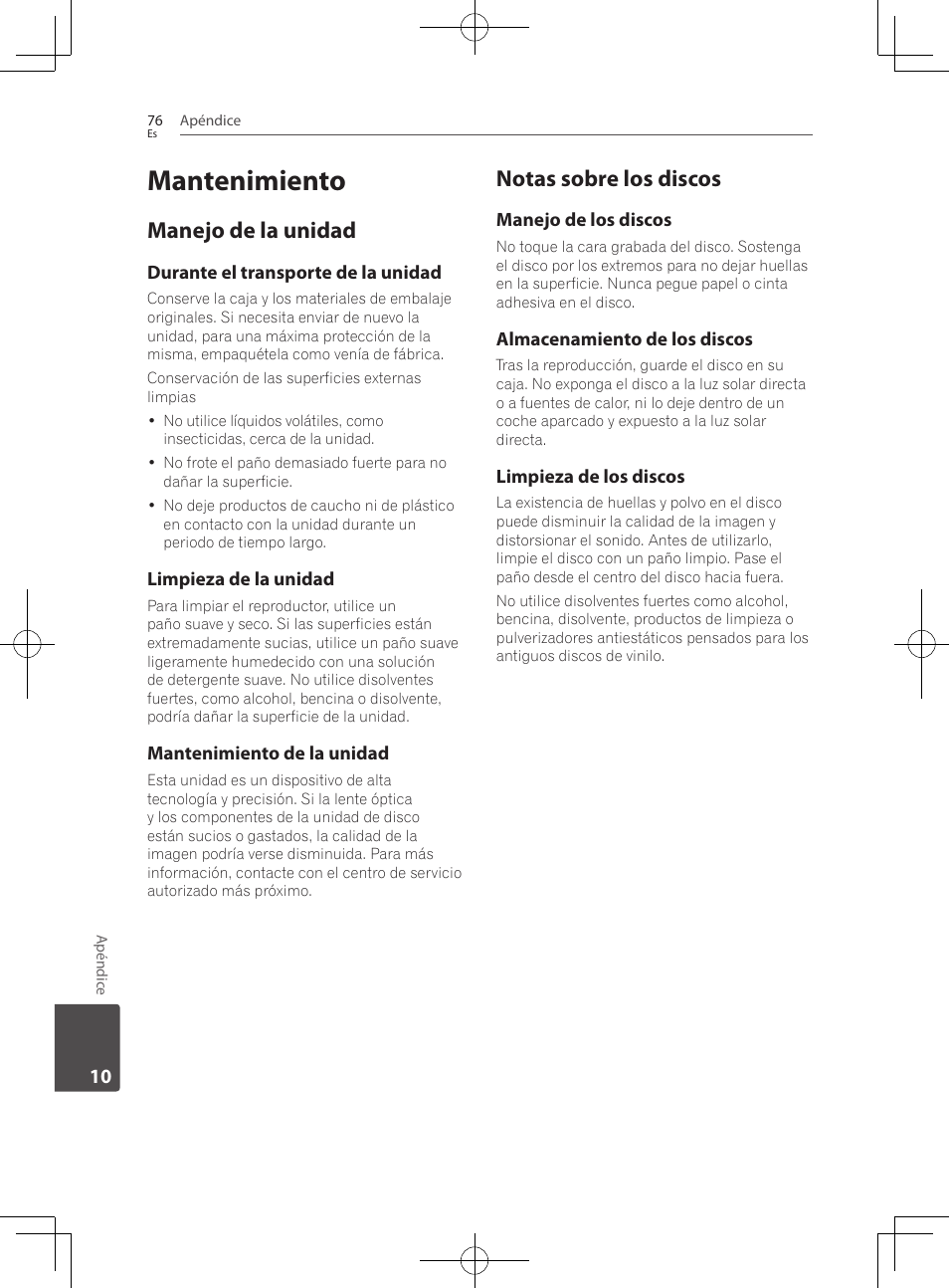 76 mantenimiento 76, Manejo de la unidad, Notas sobre los discos | Mantenimiento | Pioneer BCS-222 User Manual | Page 464 / 468