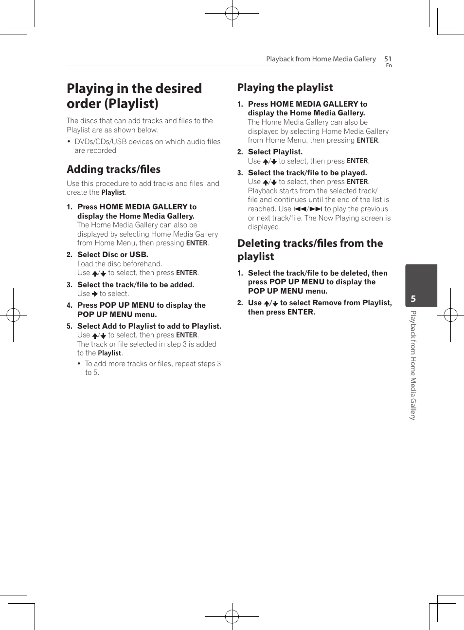 Playing in the desired order (playlist), Adding tracks/files, Playing the playlist | Deleting tracks/files from the playlist | Pioneer BCS-222 User Manual | Page 51 / 468