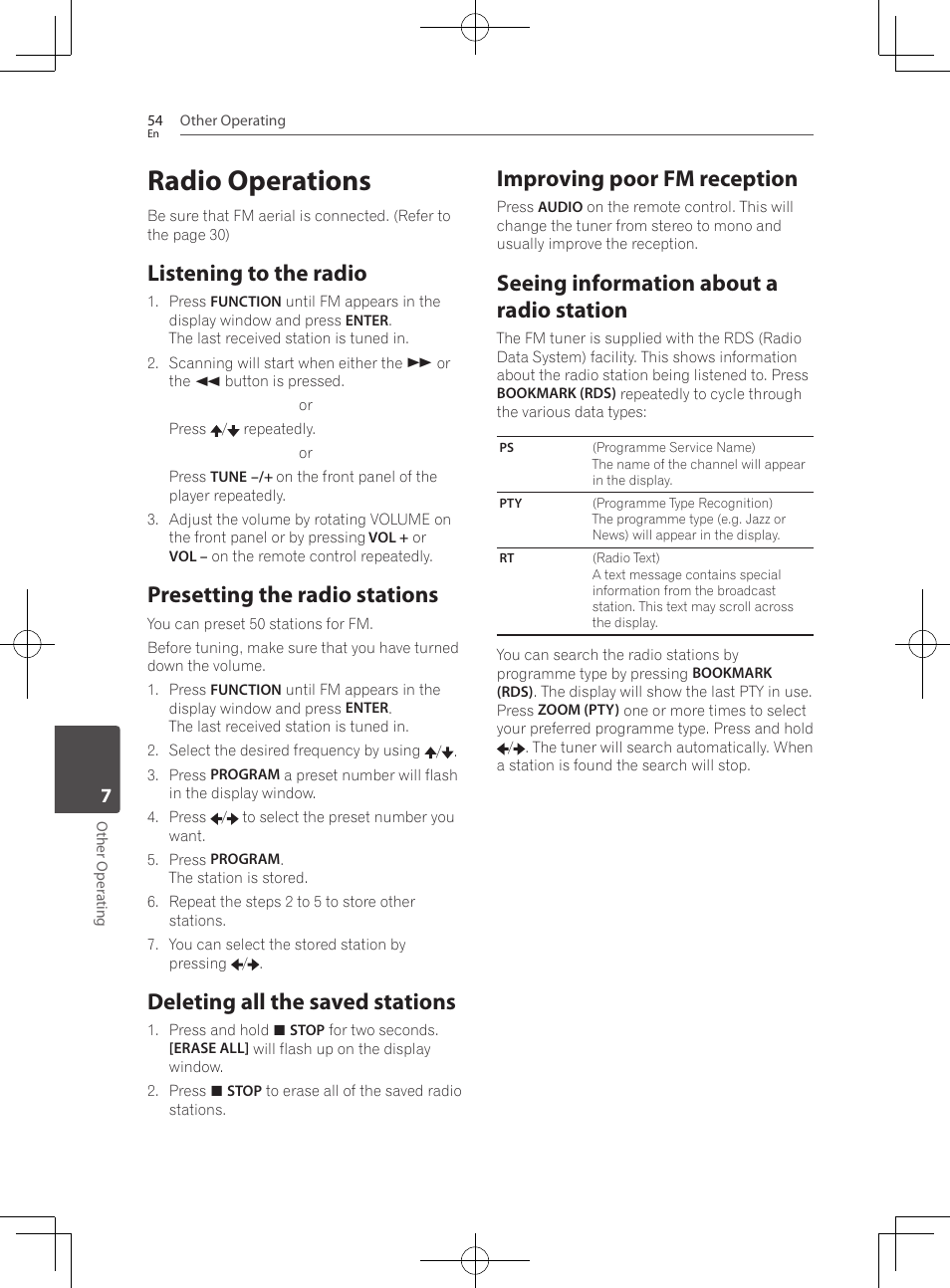 Radio operations, Listening to the radio, Presetting the radio stations | Deleting all the saved stations, Improving poor fm reception, Seeing information about a radio station | Pioneer BCS-222 User Manual | Page 54 / 468