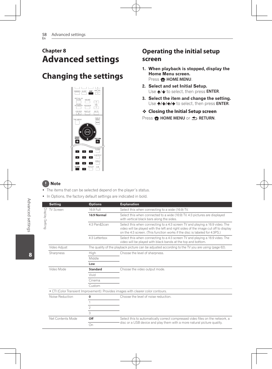 Changing the settings, Operating the initial setup screen, Advanced settings | Chapter 8 | Pioneer BCS-222 User Manual | Page 58 / 468
