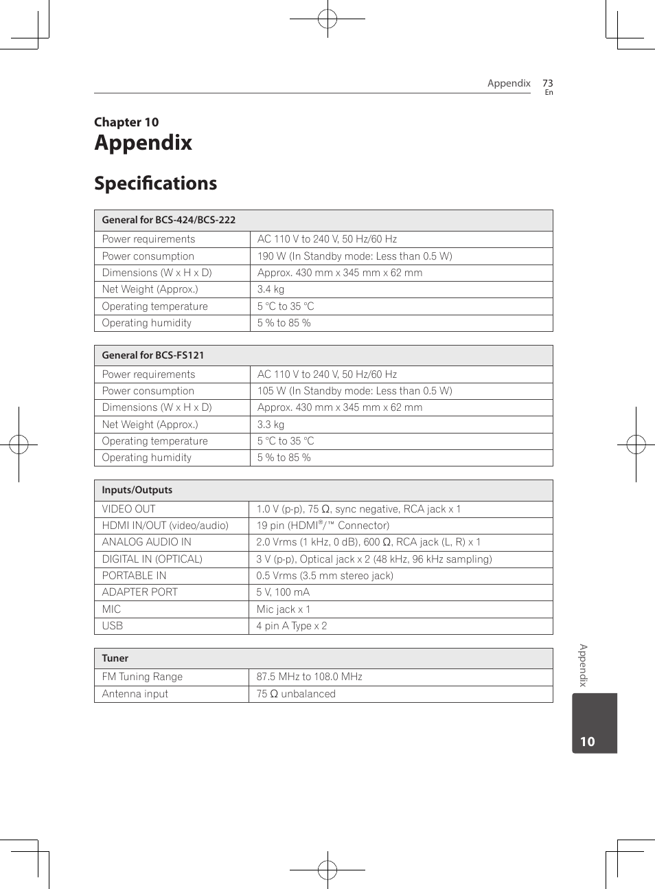 73 specifications, Appendix, Specifications | Chapter 10 | Pioneer BCS-222 User Manual | Page 73 / 468