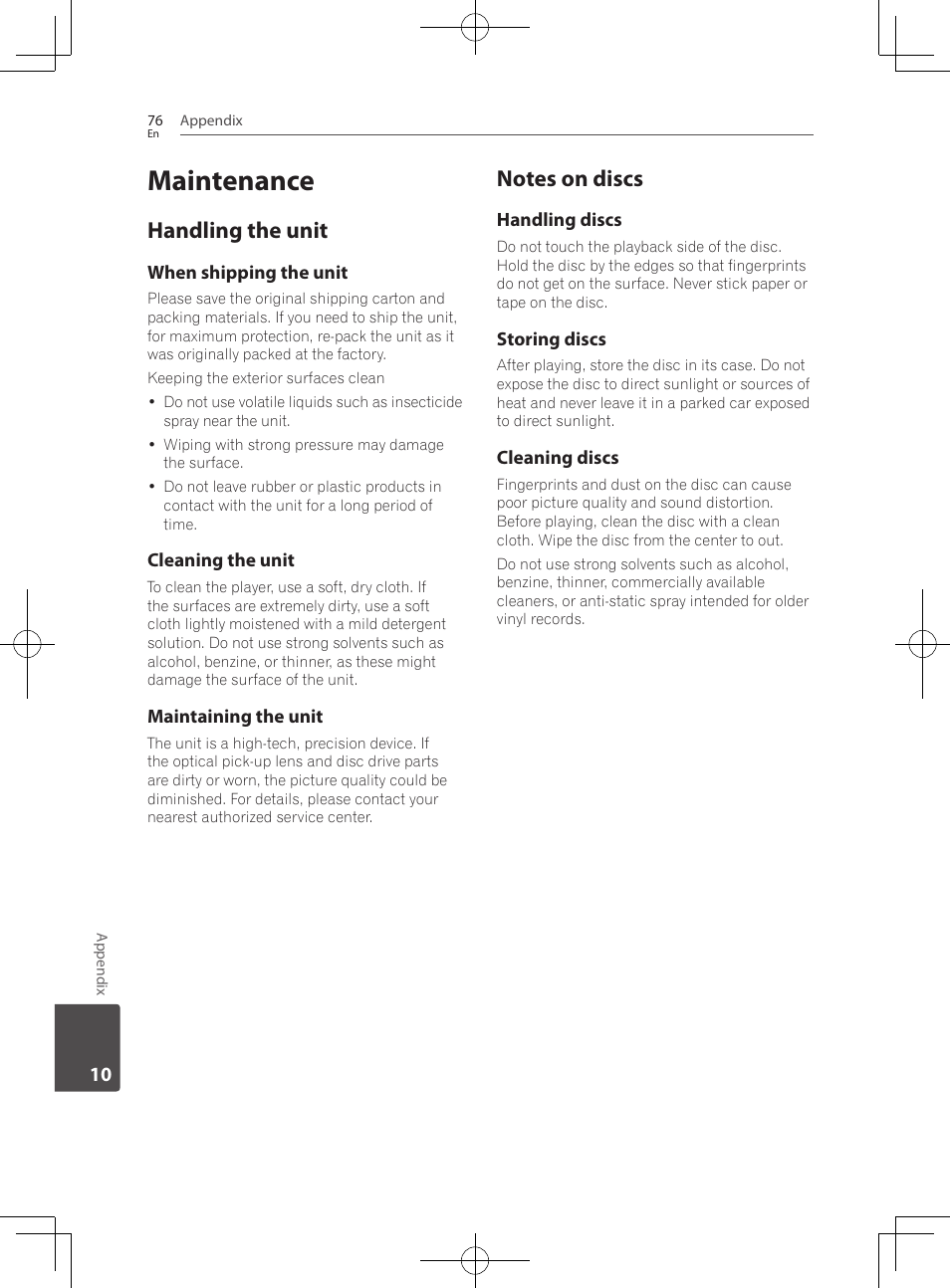 76 maintenance 76, Handling the unit, Notes on discs | Maintenance | Pioneer BCS-222 User Manual | Page 76 / 468