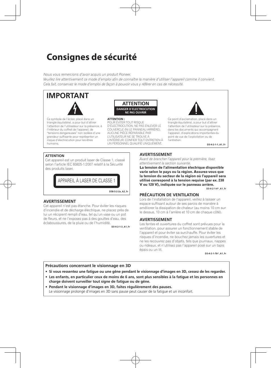 Consignes de sécurité, Important, Attention | Appareil à laser de classe 1 | Pioneer BCS-222 User Manual | Page 78 / 468