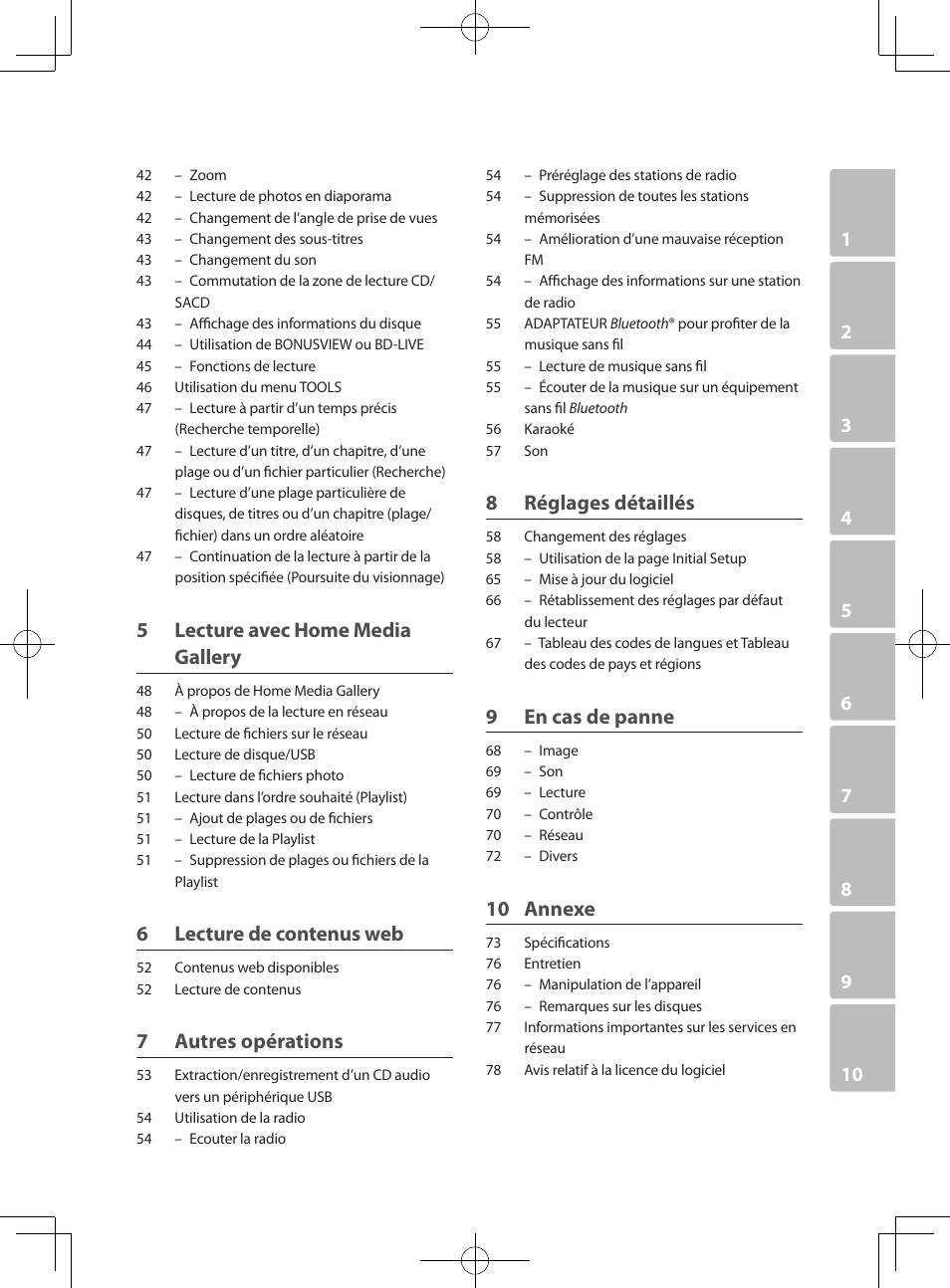 5 lecture avec home media gallery, 6 lecture de contenus web, 7 autres opérations | 8 réglages détaillés, 9 en cas de panne, 10 annexe | Pioneer BCS-222 User Manual | Page 83 / 468