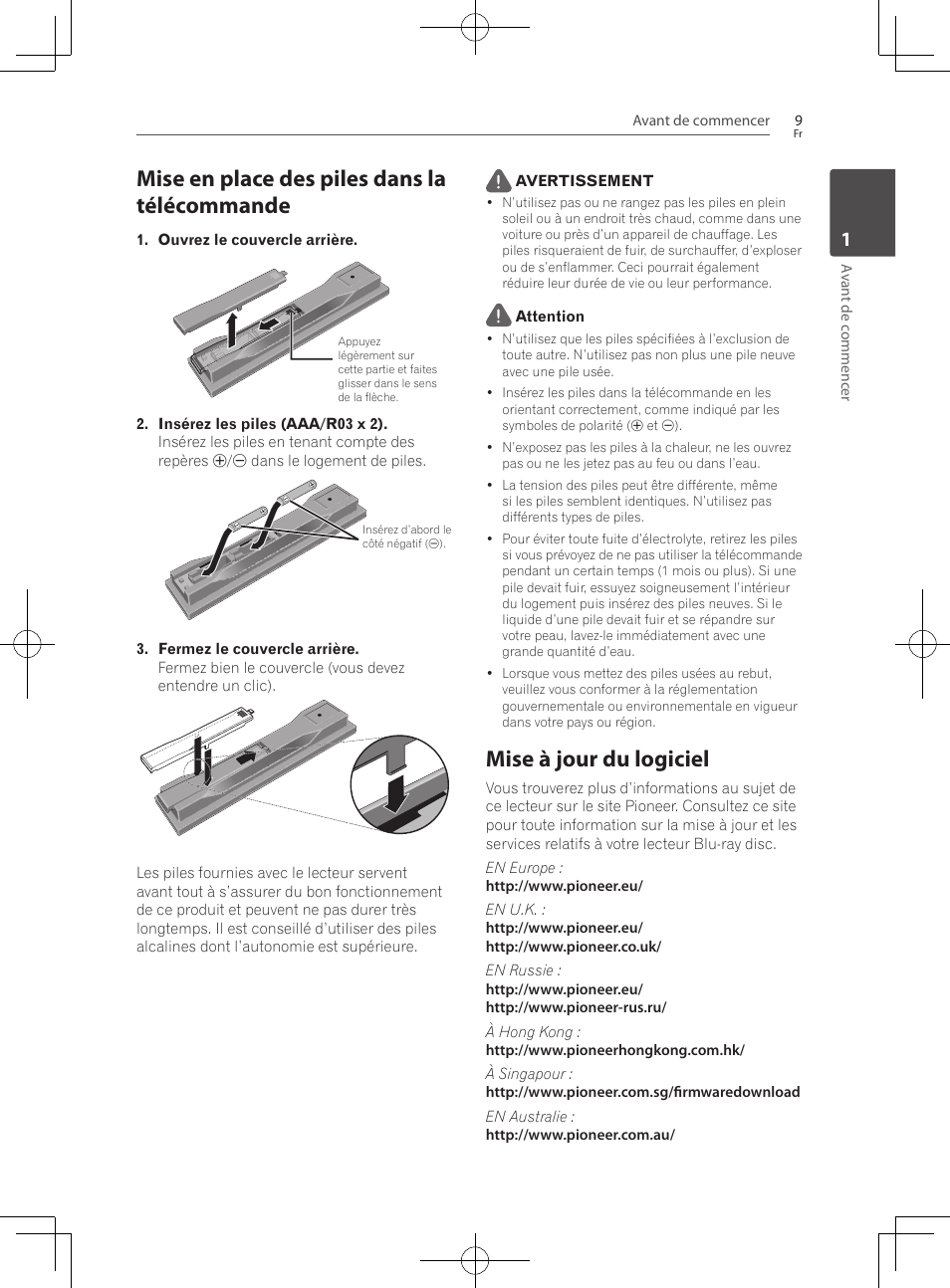 Mise en place des piles dans la télécommande, Mise à jour du logiciel | Pioneer BCS-222 User Manual | Page 85 / 468
