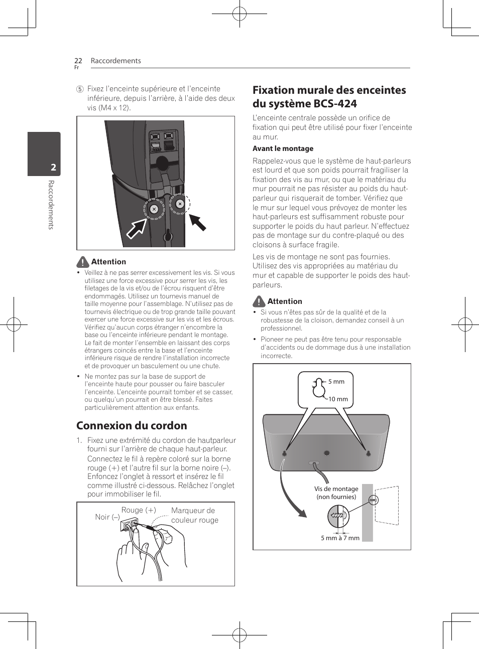 Connexion du cordon, Fixation murale des enceintes du système bcs-424 | Pioneer BCS-222 User Manual | Page 98 / 468