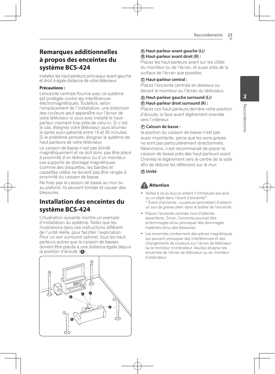 Installation des enceintes du système bcs-424, Raccordements 23, Rac cor demen ts | Haut-parleur avant gauche (l), Haut-parleur gauche surround (l), Unité attention | Pioneer BCS-222 User Manual | Page 99 / 468
