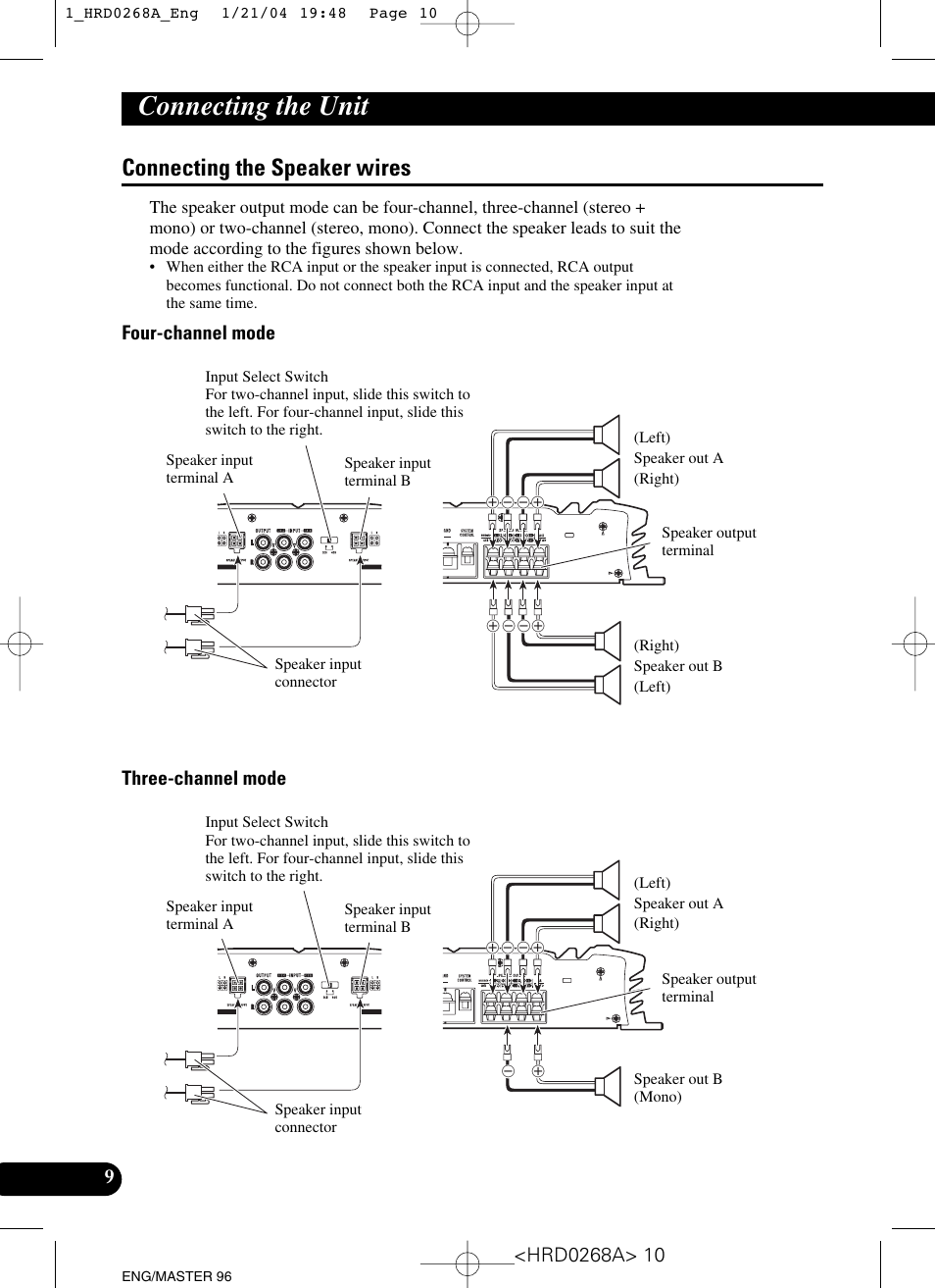 Connecting the speaker wires, Connecting the unit, Four-channel mode three-channel mode | Pioneer GM-4000F User Manual | Page 10 / 74