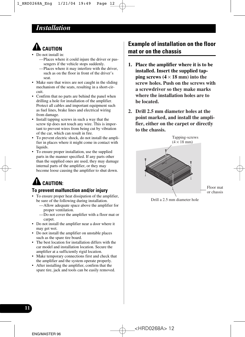 Installation, Example of installation on the floor mat, Or on the chassis | Pioneer GM-4000F User Manual | Page 12 / 74