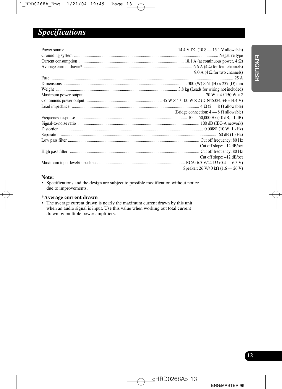 Specifications | Pioneer GM-4000F User Manual | Page 13 / 74