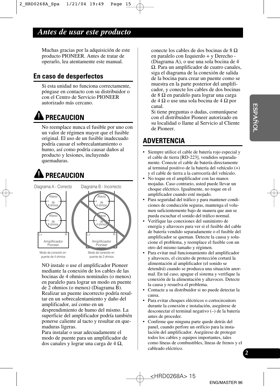 Antes de usar este producto, En caso de desperfectos, Precaucion | Advertencia | Pioneer GM-4000F User Manual | Page 15 / 74
