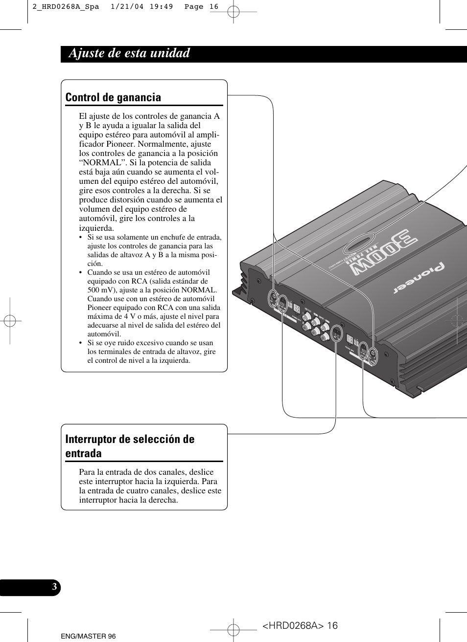 Ajuste de esta unidad, Control de ganancia, Interruptor de selección de entrada | Pioneer GM-4000F User Manual | Page 16 / 74