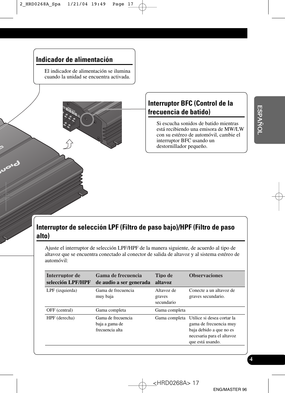Batido), Interruptor de selección lpf (filtro de paso, Bajo)/hpf (filtro de paso alto) | Indicador de alimentación | Pioneer GM-4000F User Manual | Page 17 / 74