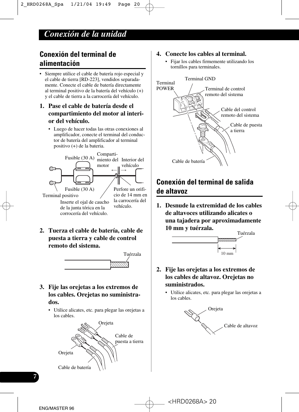 Conexión de la unidad, Conexión del terminal de alimentación, Conexión del terminal de salida de altavoz | Pioneer GM-4000F User Manual | Page 20 / 74