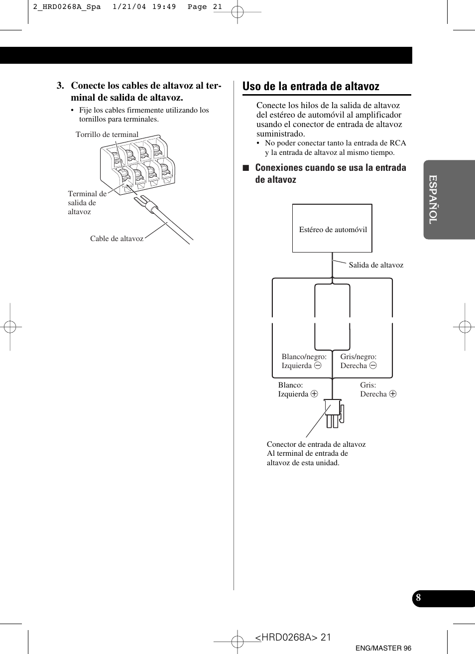 Uso de la entrada de altavoz | Pioneer GM-4000F User Manual | Page 21 / 74