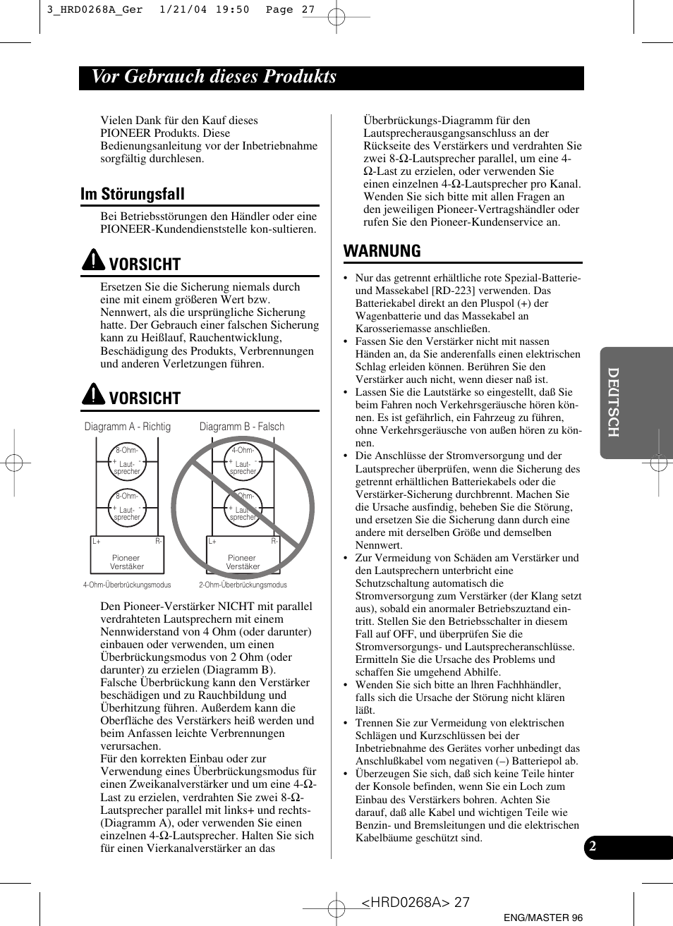 Vor gebrauch dieses produkts, Im störungsfall vorsicht vorsicht warnung, Im störungsfall | Vorsicht, Warnung | Pioneer GM-4000F User Manual | Page 27 / 74