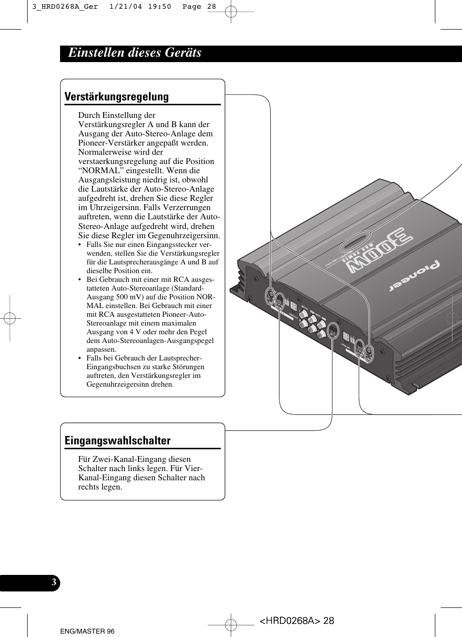 Einstellen dieses geräts, Verstärkungsregelung eingangswahlschalter, Verstärkungsregelung | Eingangswahlschalter | Pioneer GM-4000F User Manual | Page 28 / 74