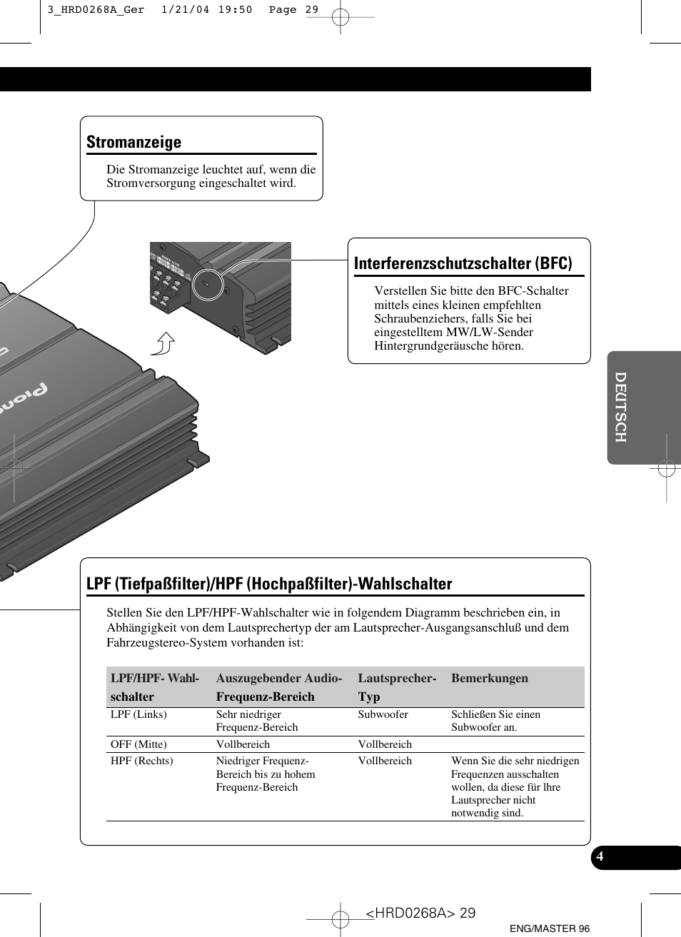 Wahlschalter, Stromanzeige, Interferenzschutzschalter (bfc) | Pioneer GM-4000F User Manual | Page 29 / 74