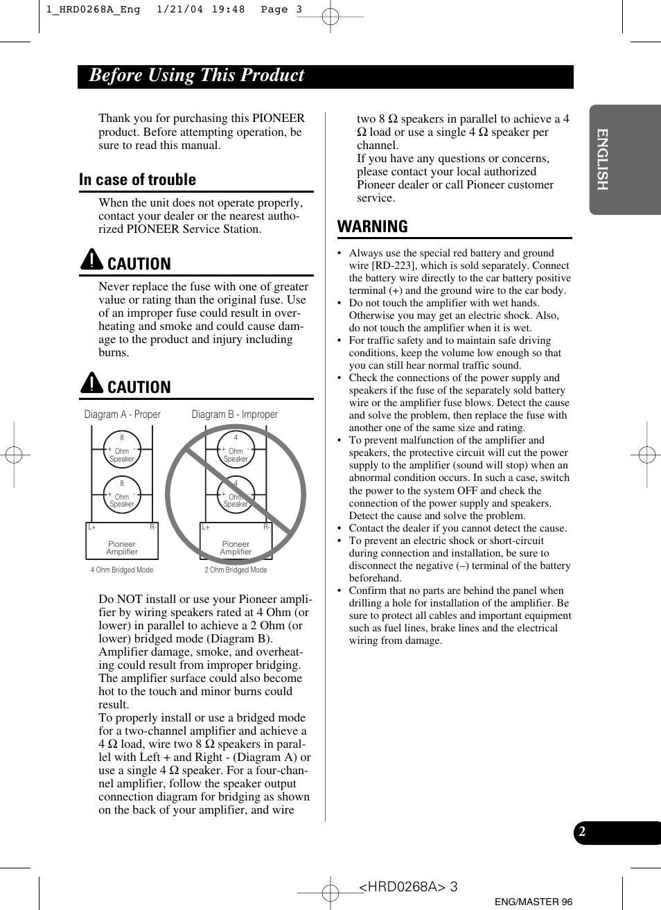 Before using this product, In case of trouble caution caution warning, Caution | Warning | Pioneer GM-4000F User Manual | Page 3 / 74